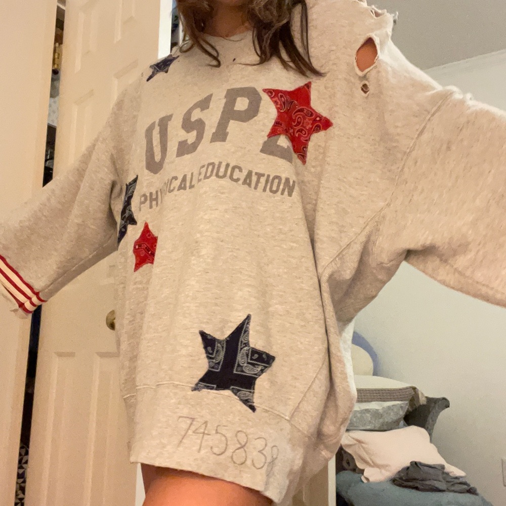 Stars and Stripes Free people us physical education distressed sweatshirt.